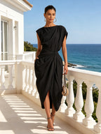 Asymmetric Twist-Waist Draped Midi Dress