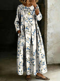 Women's Vintage Blueberries Art Print Lapel Collar Pleated Long Sleeve Casual Loose Denim Dress