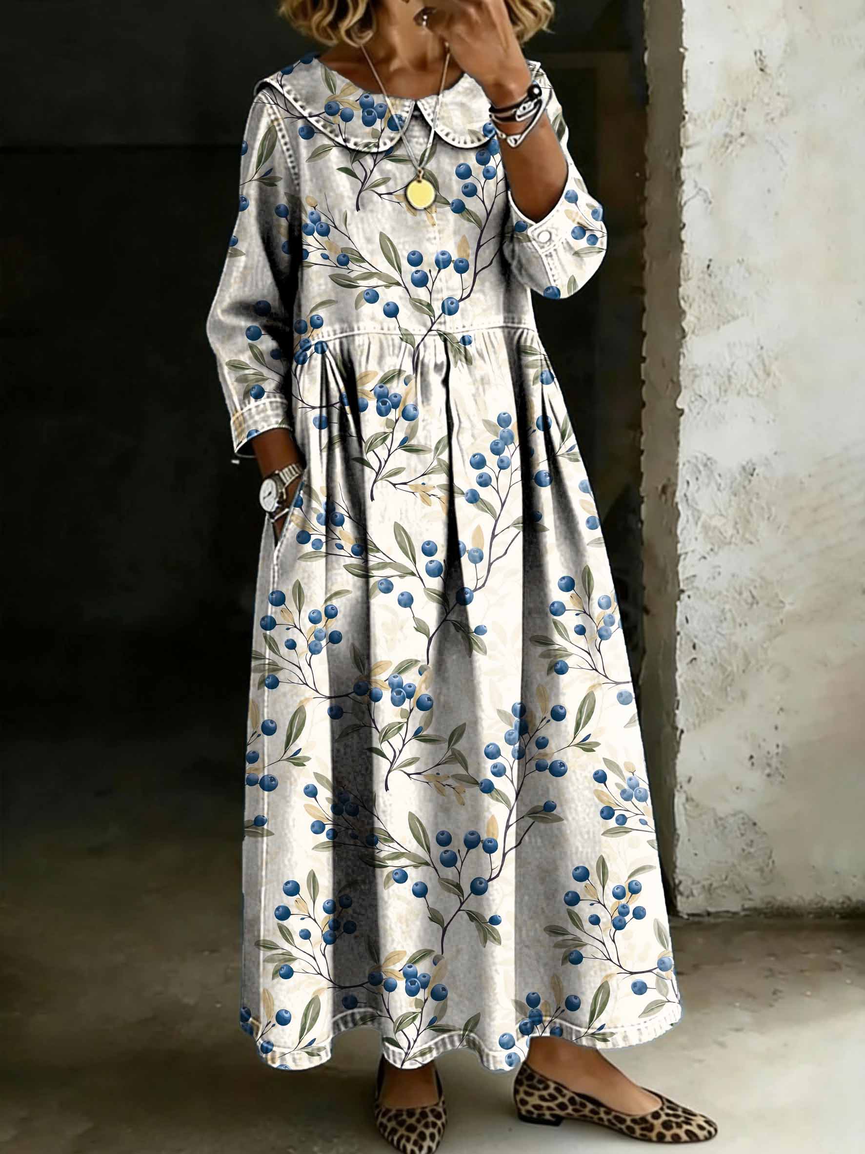 Women's Vintage Blueberries Art Print Lapel Collar Pleated Long Sleeve Casual Loose Denim Dress
