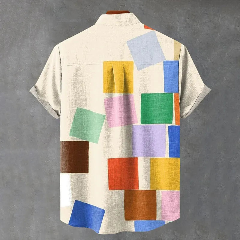 Vintage Geometric Color Blocking Pattern Art Vintage Print Casual Cotton Shirt