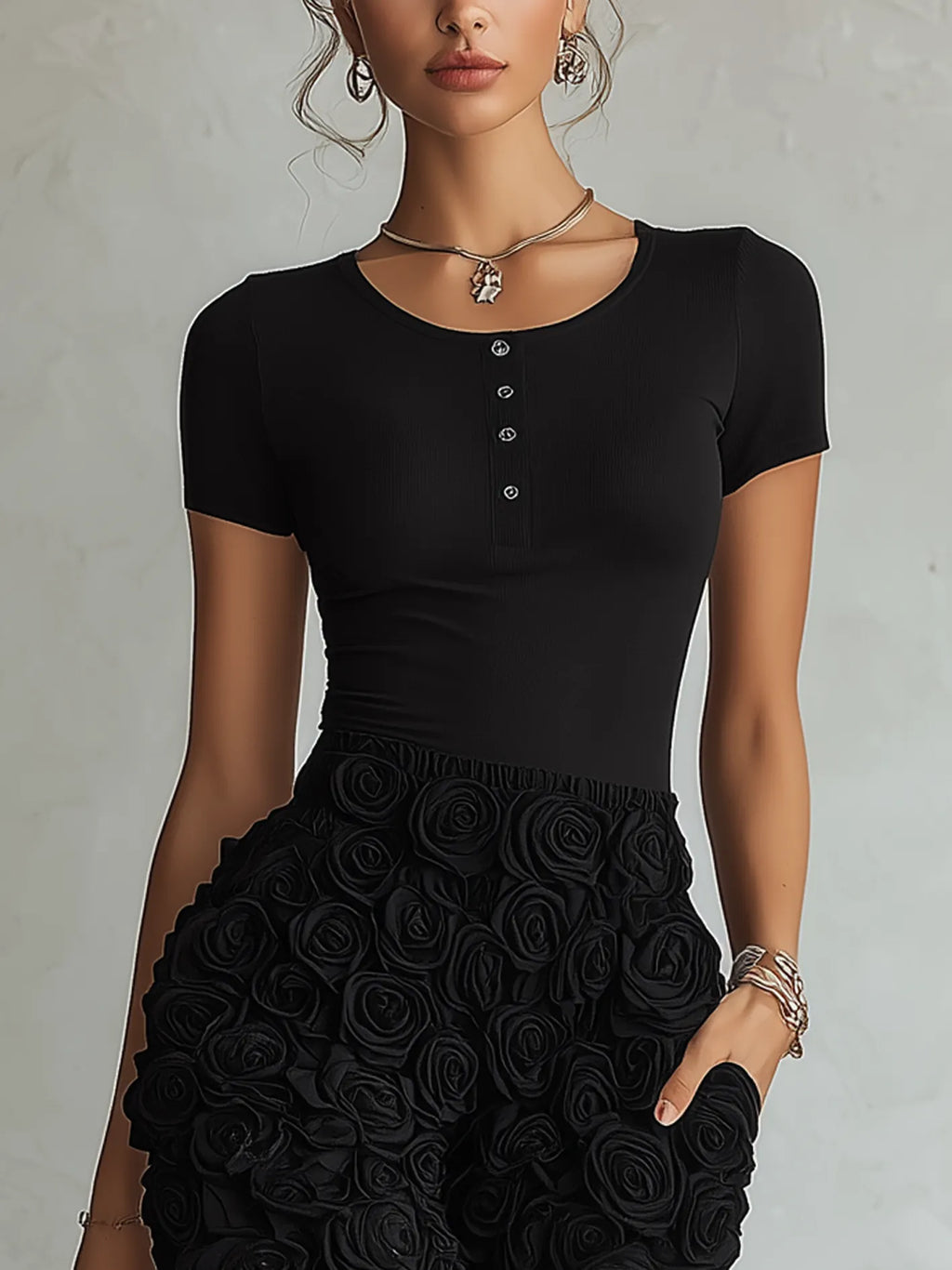 Black Embossed Floral Patchwork Mini Dress With Button Front