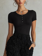 Black Embossed Floral Patchwork Mini Dress With Button Front