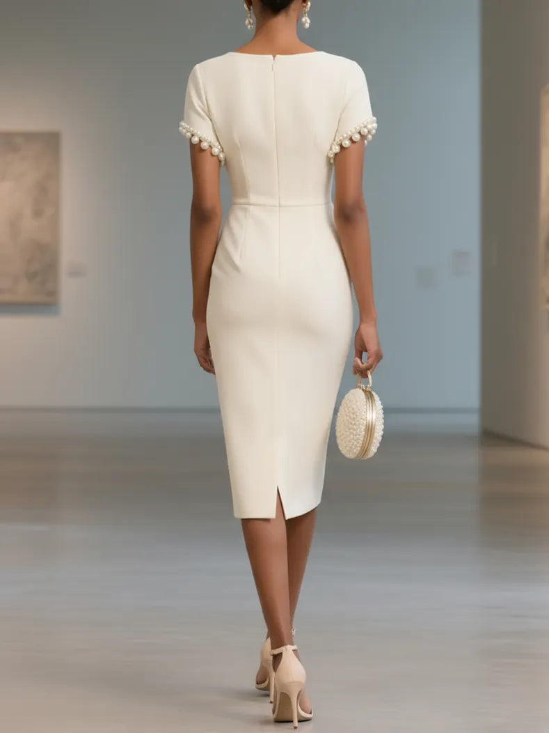 White Faux Pearl Knot Front Classic Boat Neck Short Sleeve Sheath Midi Dress