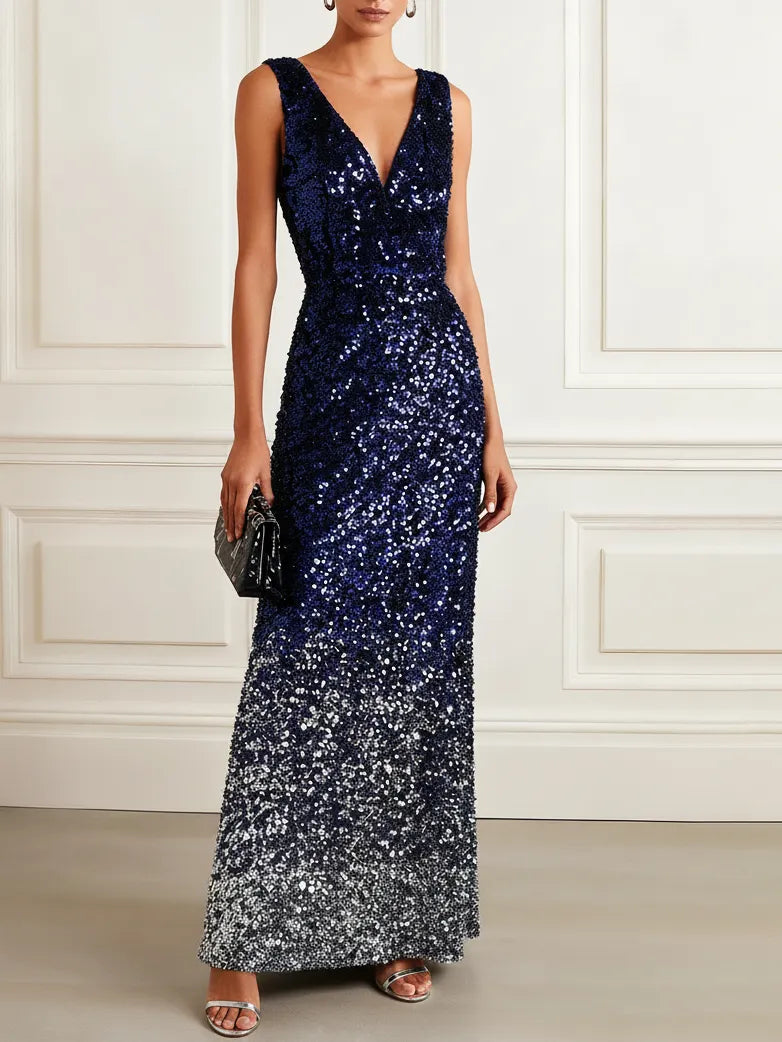 Navy Blue Ombre Sequin Deep V Neck Sleeveless Sheath Maxi Dress
