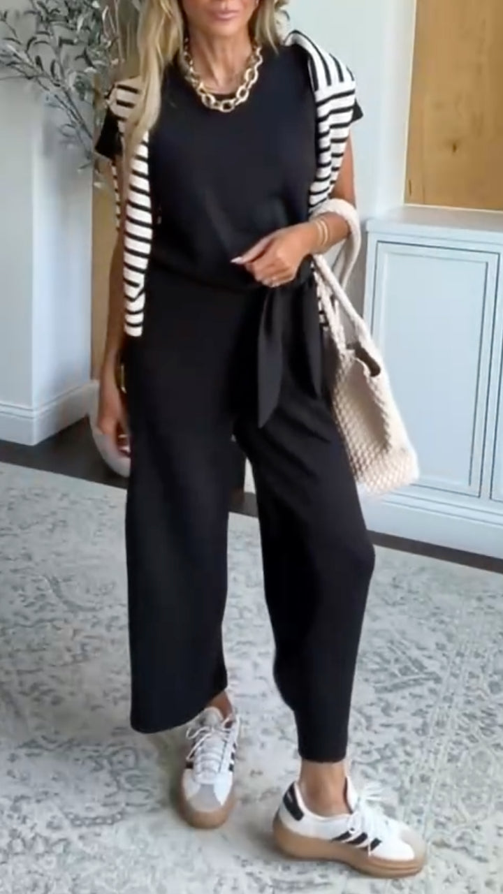 Short Sleeve Tie Waist Cropped Wide Leg Jumpsuit