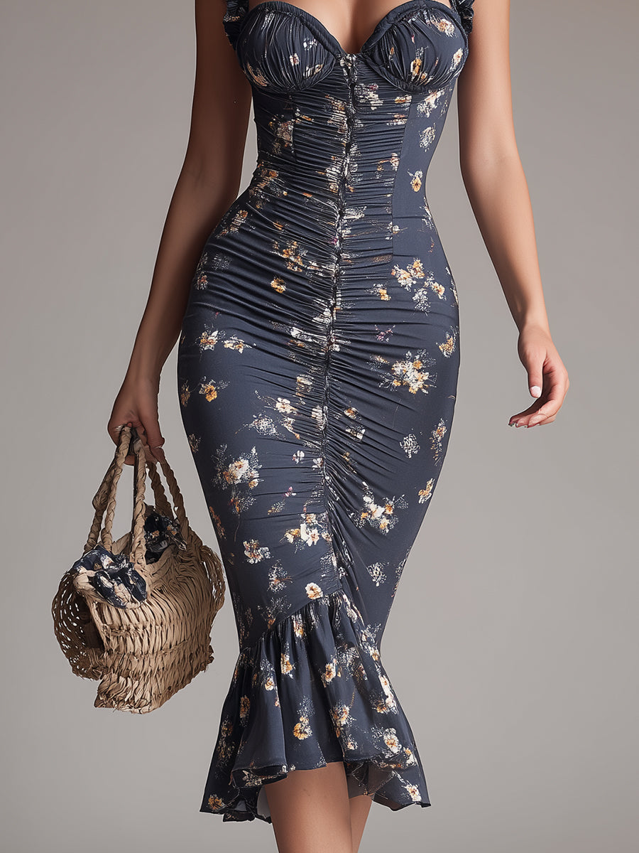 Retro Floral Shirred Fishtail Midi Dress