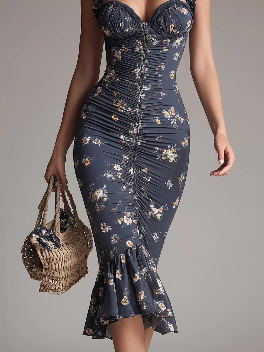 Retro Floral Shirred Fishtail Midi Dress