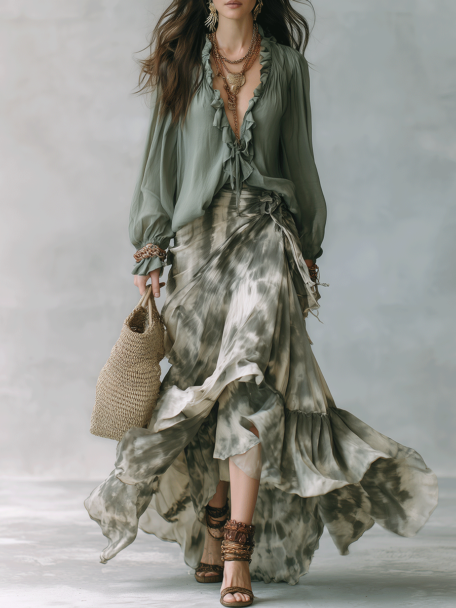 Bohemian Tie-Dye Ruffle Blouse & Flowing Maxi Skirt Set