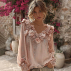Vintage Boho Pink Roses Embroidered Flowy Linen V-neck Tunic