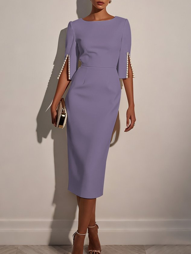 White Faux Pearl Classic Crew Neck Half Sleeve Sheath Midi Dress