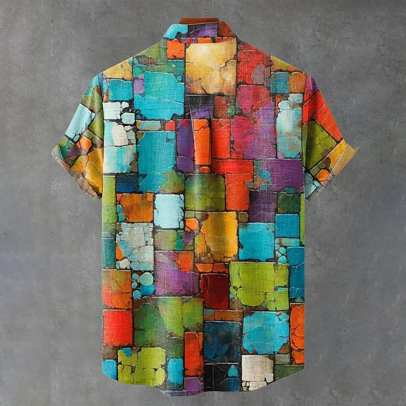 Mottled Aged Colored Squares Vintage Print Casual Cotton Shirt