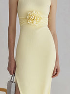 Modern Pale Yellow Knit Dress with 3D Floral Waist Accent