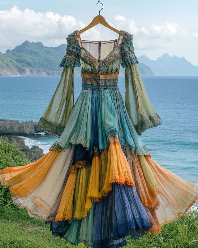 Elegant contrast color vacation rainbow maxi dress aa4e