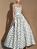Maxi Cotton Dress , Sleeveless, Square Neck, Polka Dots, Suspenders, Vintage, White