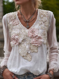 Vintage Pink Flowers Embroidered Long Sleeve Linen Shirt
