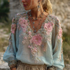 Pink Floral Glitter Diamonds Beaded Flowy Linen Tunic
