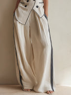 Cream Linen-Blend Double-Breasted Vest & Wide-Leg Trousers Co-ord Set