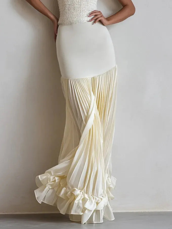 Off White Ruched Split Joint Knit Spaghetti Sleeveless Sheath Maxi Dress