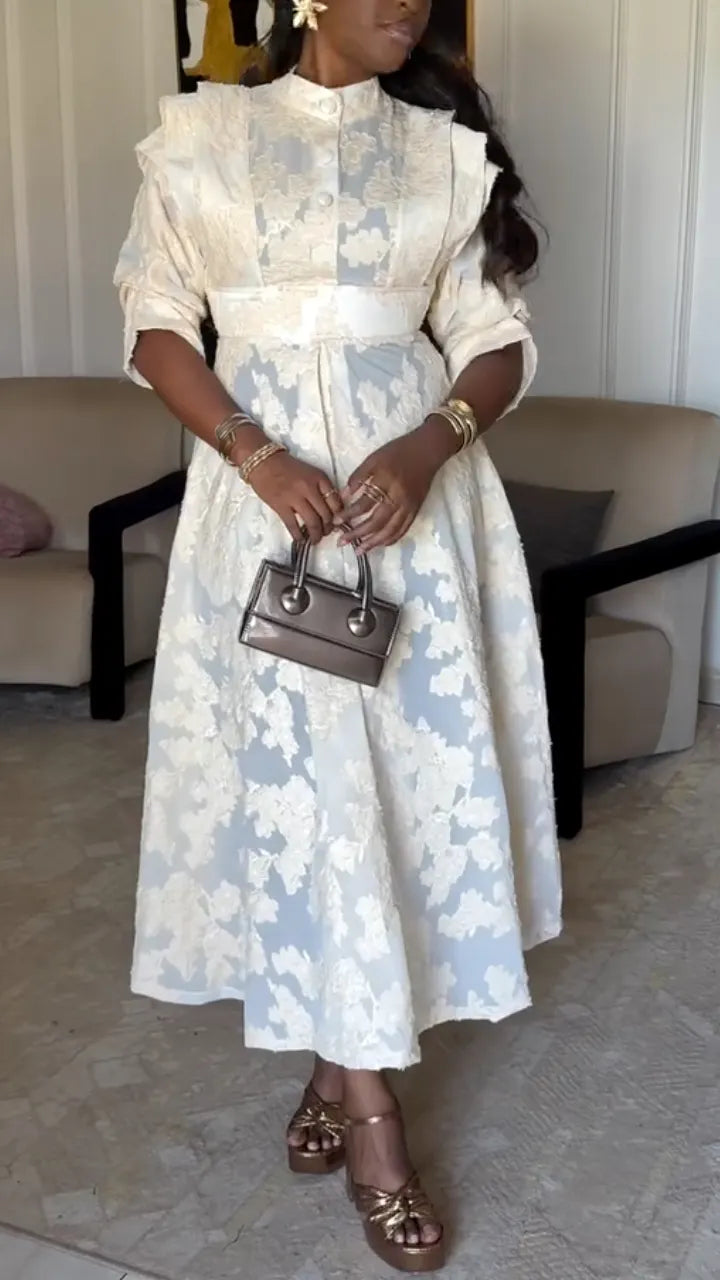 Lace Floral Midi Dress With Stand Collar