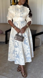 Lace Floral Midi Dress With Stand Collar