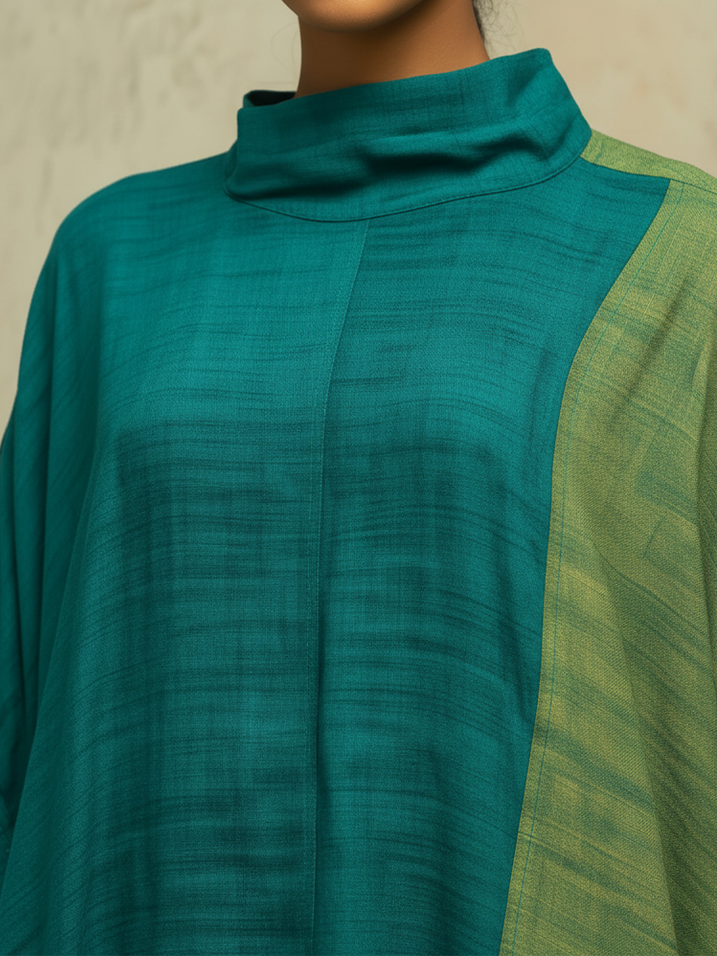 Teal & Olive Colorblock Linen Blend Asymmetrical Kaftan Dress