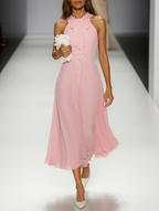 Pink Bow Peplum Chiffon Halter Sleeveless A-Line Midi Dress