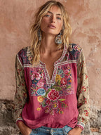 Women's Vintage Flower Embroidery Patchwork V-neck Long Sleeve Linen Blend Blouse