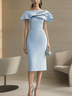 Feminine Light Blue Dress with Ruffled Asymmetrical Neckline