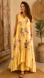 Rose Floral Sleeveless Linen-Blend Maxi Dress