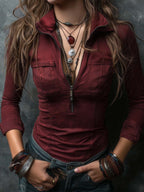 Vintage Half-zip Distressed Denim Blouse