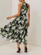 Green Floral Hollow Out Chiffon Halter Crew Neck Sleeveless A-Line Maxi Dress
