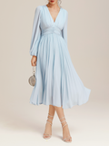 Light Blue Pleated Ruched Balloon Sleeve A-Line Midi Chiffon Dress