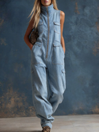 Stylish Silhouette White Denim Sleeveless Jumpsuit