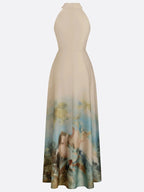 Light Khaki Floral Classic Halter Sleeveless A-Line Floor-length Gown Dress