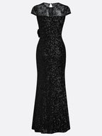 Black 3D Floral Lace Sequin Crew Neck Short Sleeve Sheath Maxi Dress