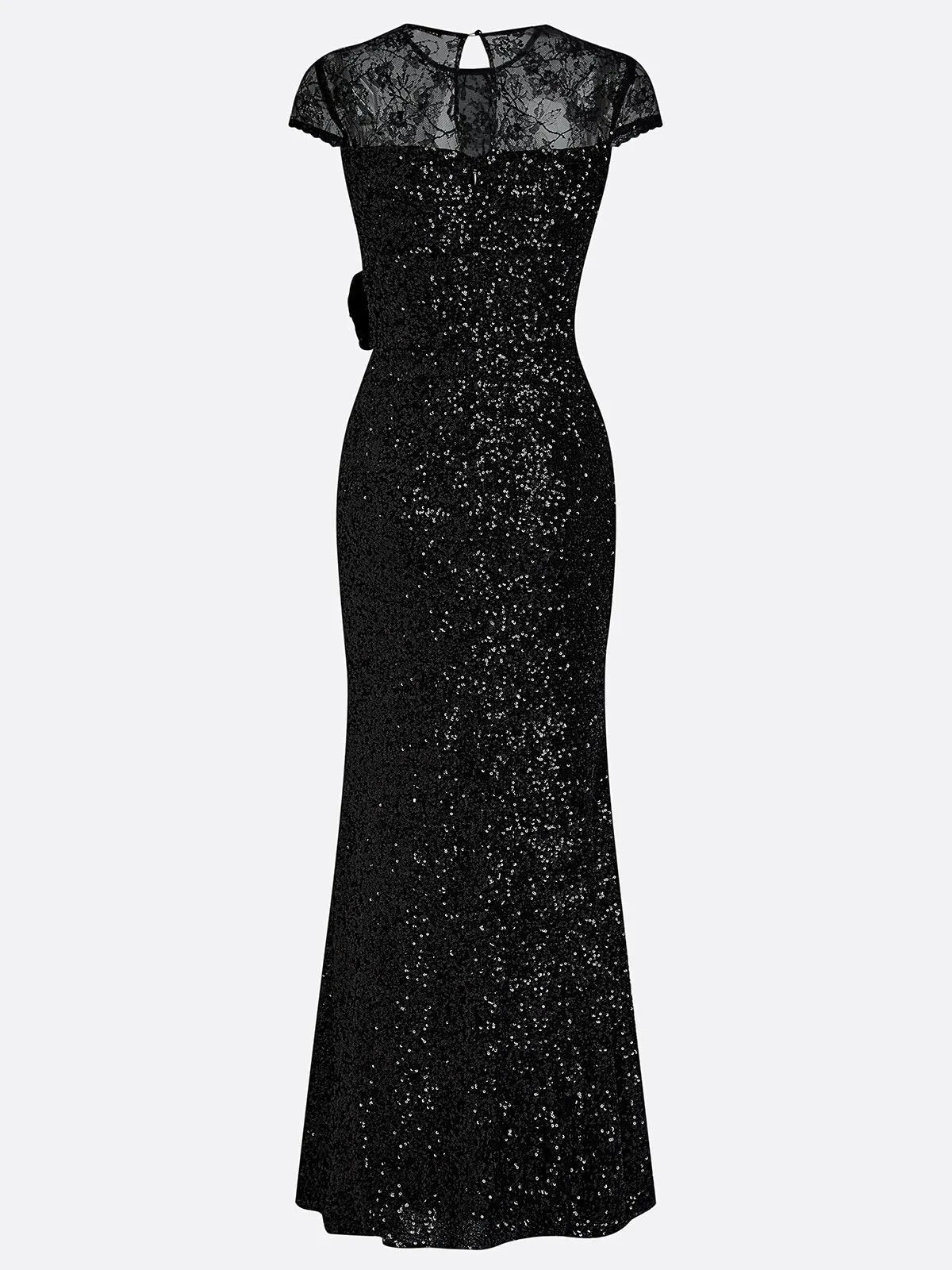 Black 3D Floral Lace Sequin Crew Neck Short Sleeve Sheath Maxi Dress