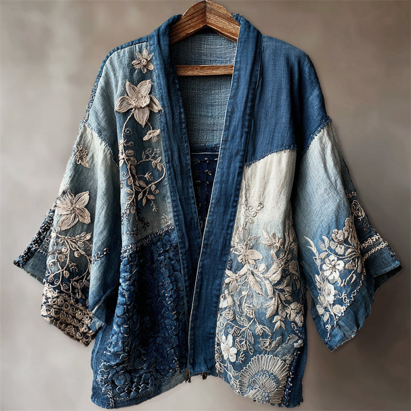 Floral Lace Fiber Art Japanese Sashiko Patchwork Linen Kimono