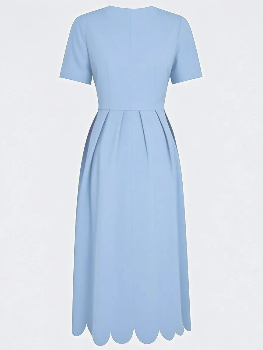 Light Blue Asymmetric Classic Square Neck Short Sleeve A-Line Midi Dress