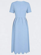 Light Blue Asymmetric Classic Square Neck Short Sleeve A-Line Midi Dress
