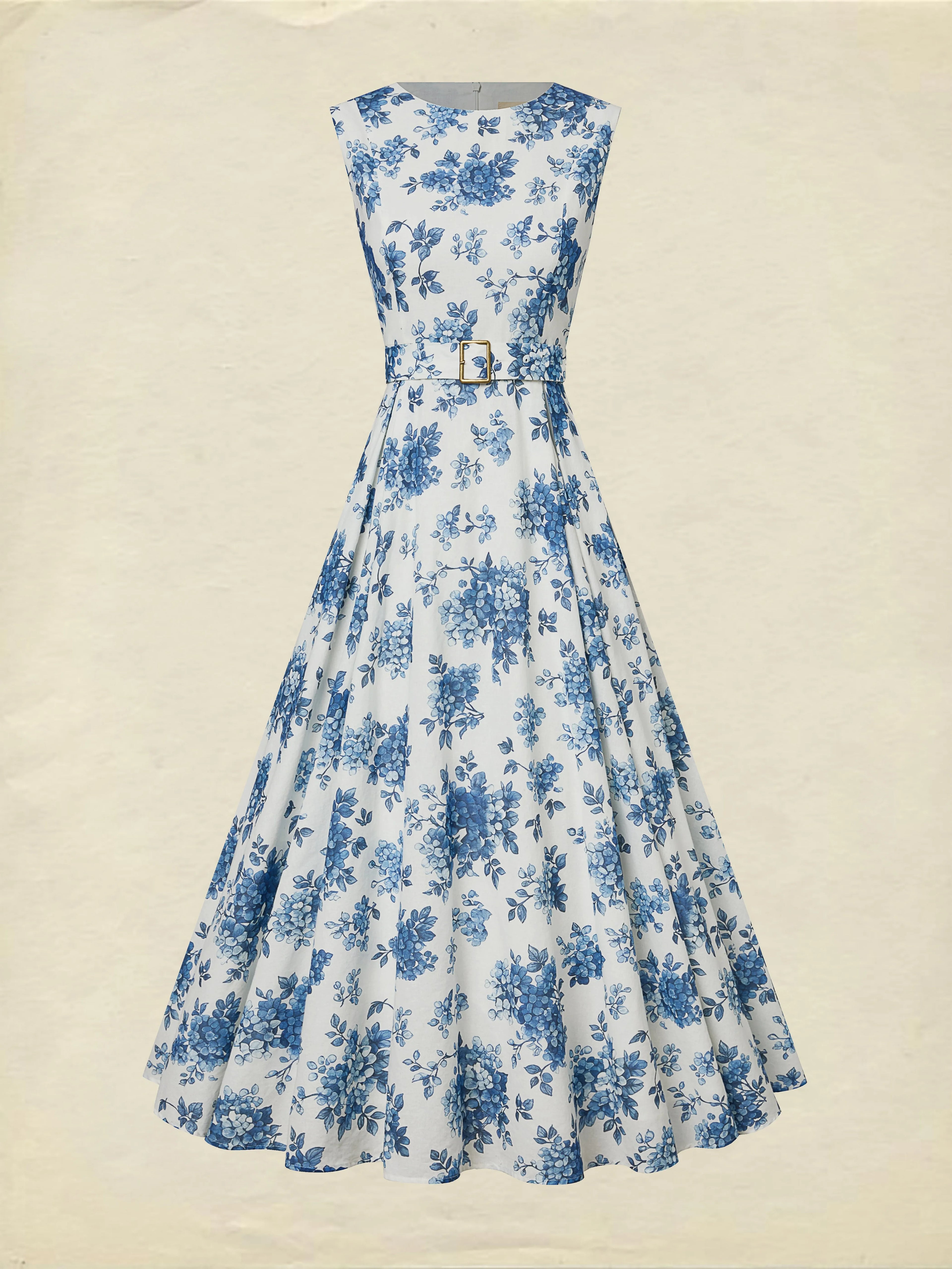 Maxi Linen Dress , Sleeveless, Round Neck, Floral, Belt Design, Vacation, Vintage, Blue