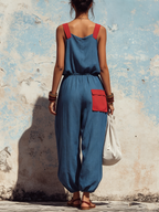 Color Block Sleeveless Tie-Waist Jumpsuit With Pockets