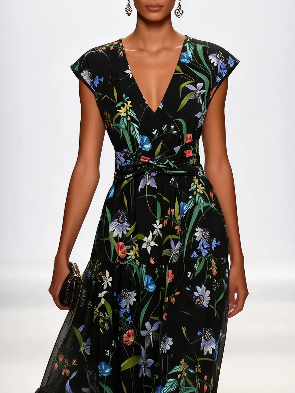 Black Floral Knot Chiffon V Neck Sleeveless A-Line Maxi Dress