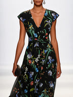 Black Floral Knot Chiffon V Neck Sleeveless A-Line Maxi Dress