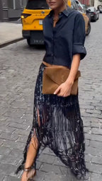 Navy Cropped Shirt & Sequin Fringe Midi Skirt
