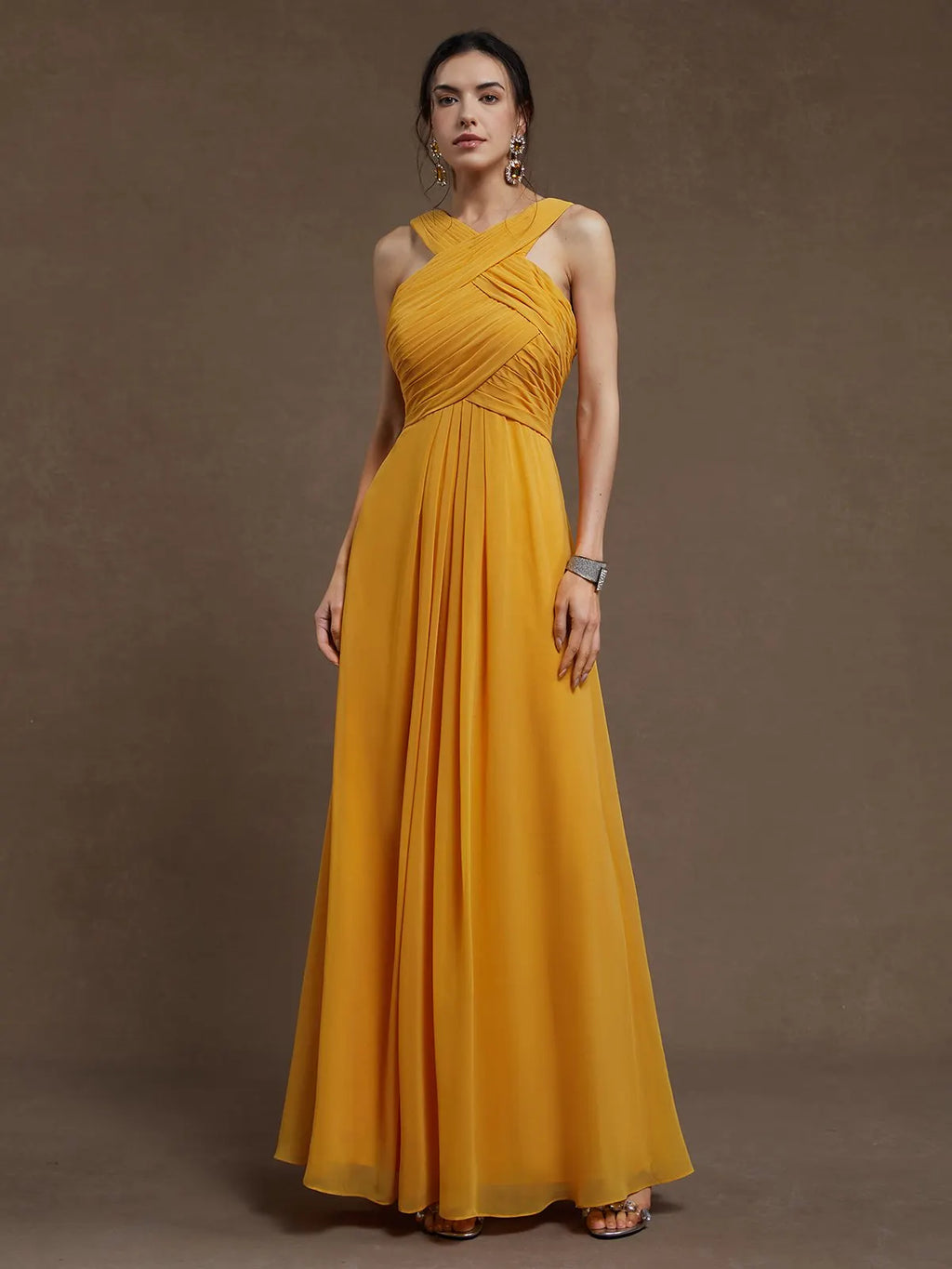 Yellow Pleated Cross Neck Sleeveless A-Line Maxi Chiffon Bridesmaid Dress