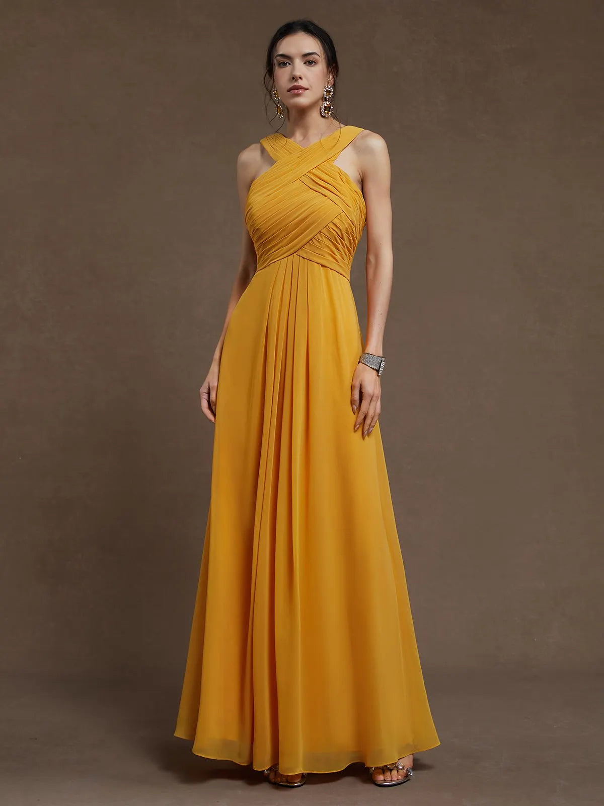Yellow Pleated Cross Neck Sleeveless A-Line Maxi Chiffon Bridesmaid Dress