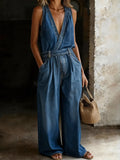 Women's Casual Relaxed Denim V-neck Jumpsuit