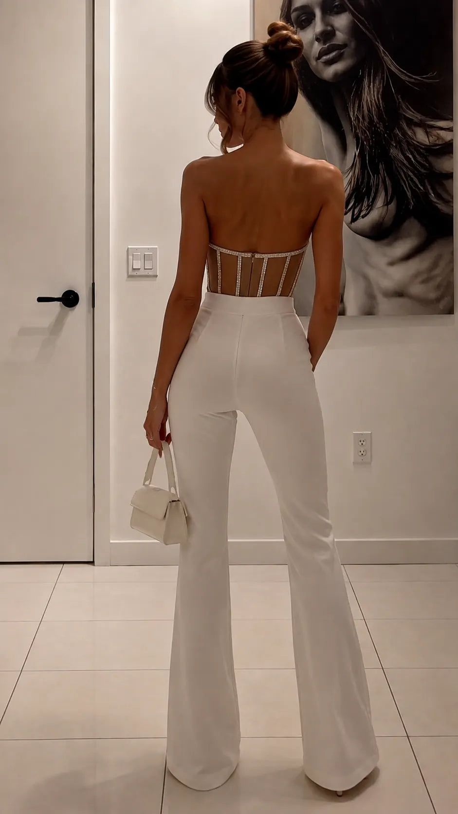 Rhinestone Mesh Corset & White Flared Pants Two Piece Set