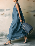 Blue Linen Halter Maxi Dress With Embroidered Detail