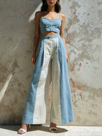 Blue & White Colorblock Linen Wide Leg Pants